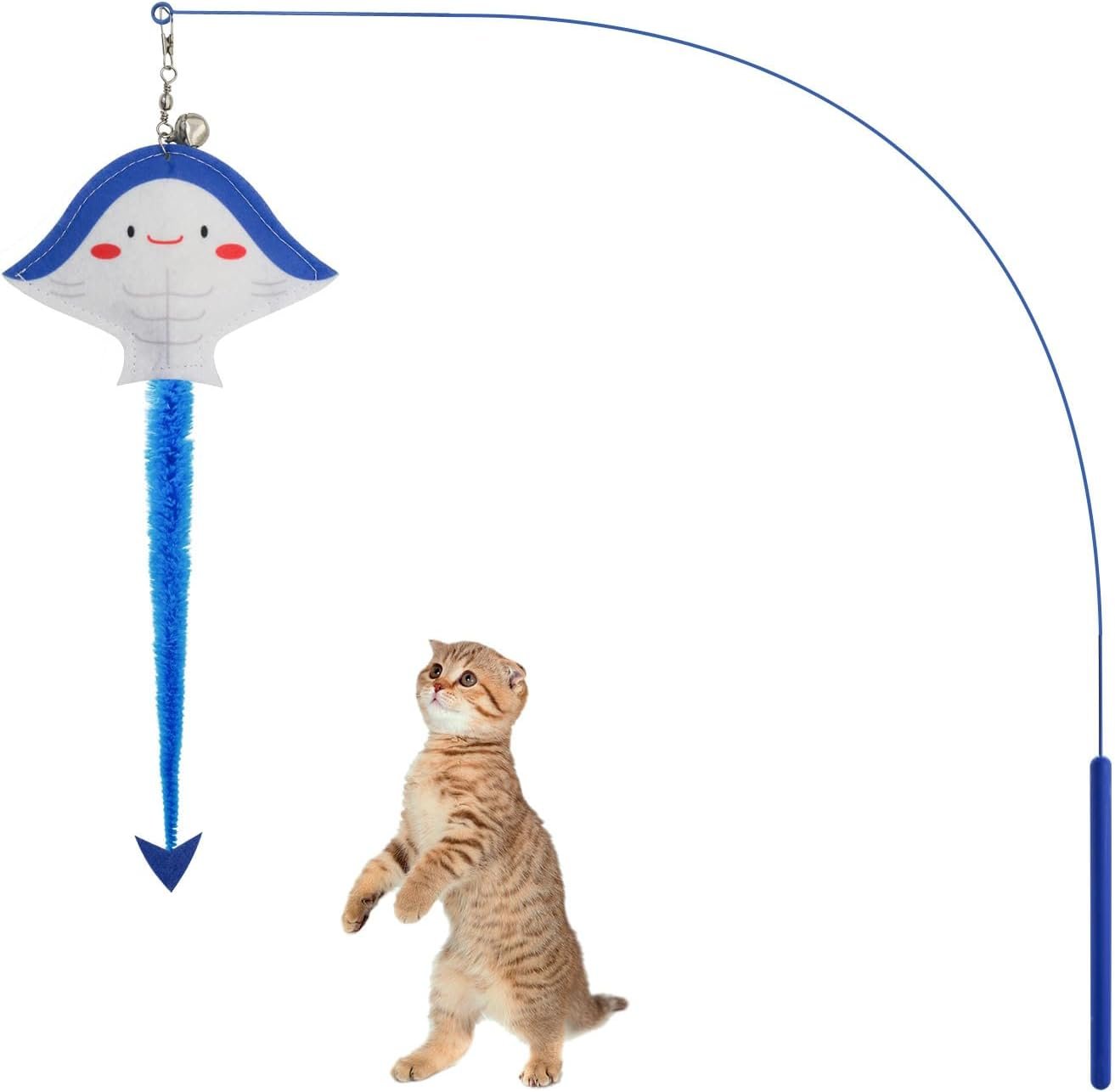 Cat Wand Toy, 35 in Long Flexible Stick with Cute Fish Shape Bell Wand Refill Cat Fishing Pole Toy Interactive Cat Toy for Indoor Cats Kittens to Pounce Chase Keep Fit (Blue)