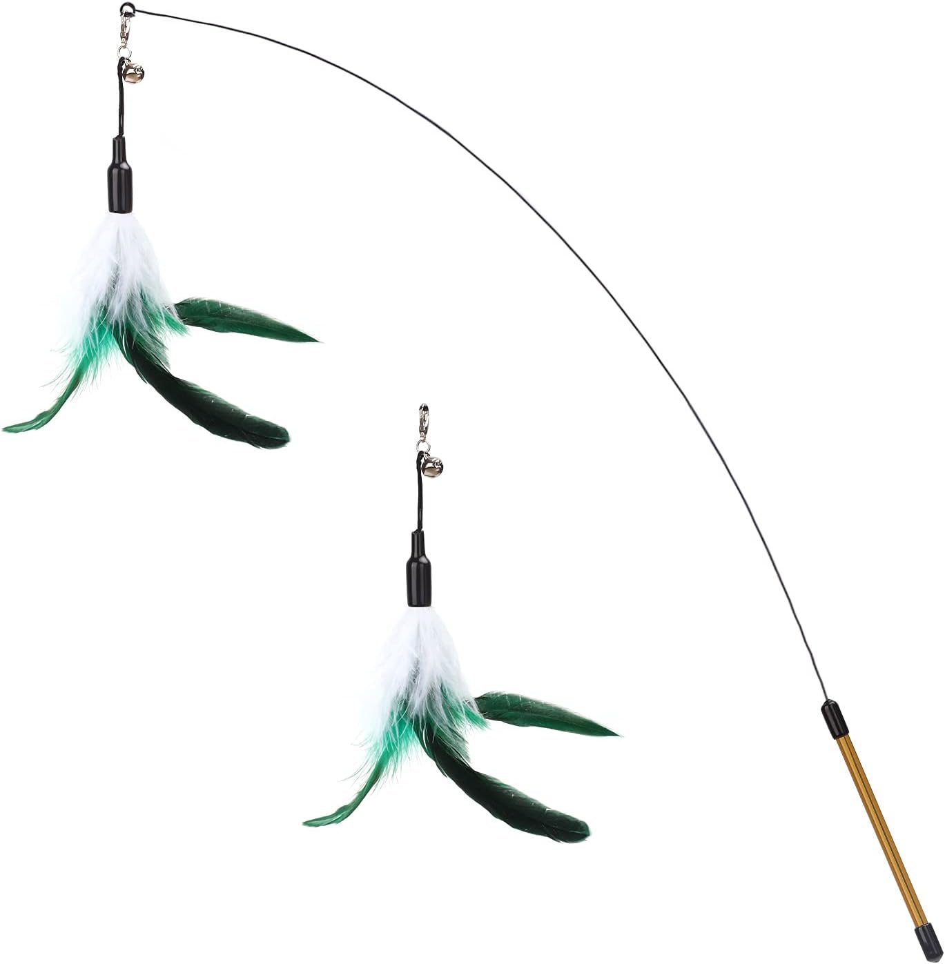 Feather Teaser Cat Toy, Interactive Feather Wand Cat Toy Flying Feather Cat Catcher with Extra Long 34.5" Wand and Small Bell, Fun Exerciser Playing Toy for Kitten or cat, White & Green