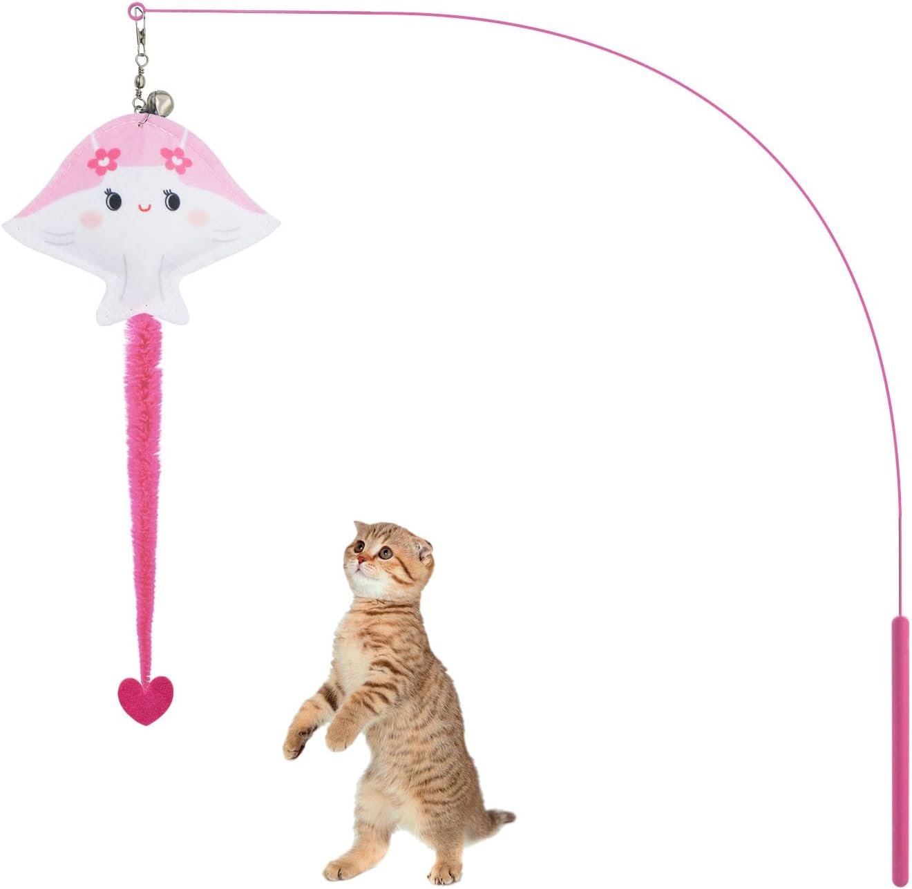 Cat Wand Toy, 35 in Long Flexible Stick with Cute Fish Shape Bell Wand Refill Cat Fishing Pole Toy Interactive Cat Toy for Indoor Cats Kittens to Pounce Chase Keep Fit (Pink)