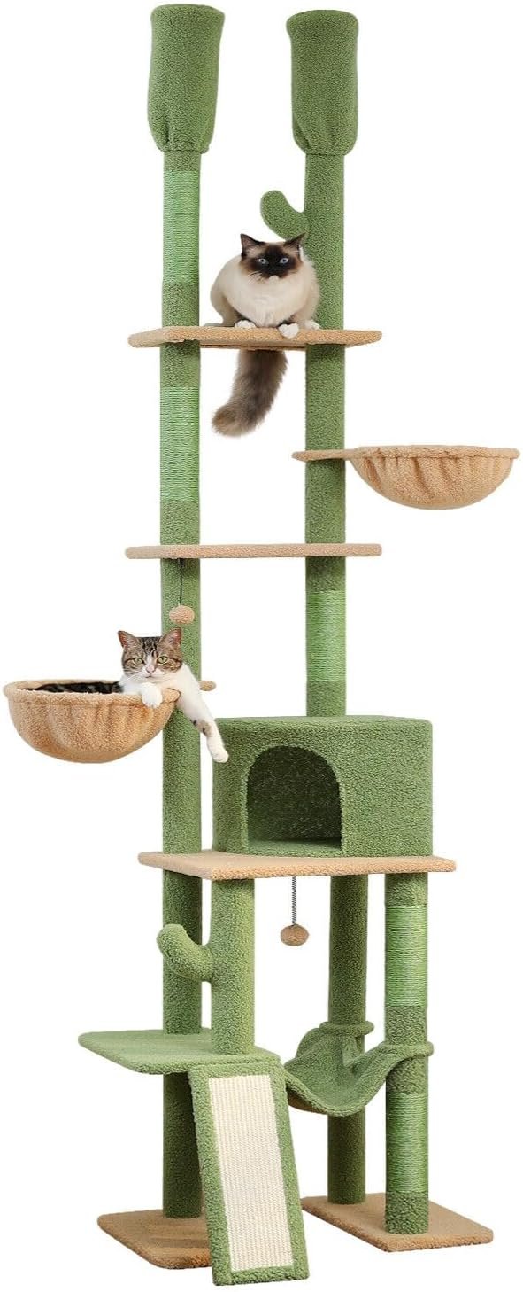 Cactus Cat Tree Floor to Ceiling Cat Tower with Adjustable Height(85-112 Inches), 7 Tiers Climbing Activity Center with Cozy Hammocks, 5 Platforms and Scratching Posts for Indoor Cats
