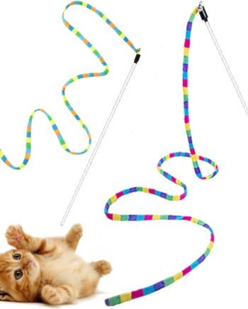 Interactive Cat Rainbow Wand Toys for Indoor Cats and Kittens,Extended Colorful Cat Teaser Wand String Plush Toy,Original Product Strong and Sturdy Pole with Bells(2 Pack)