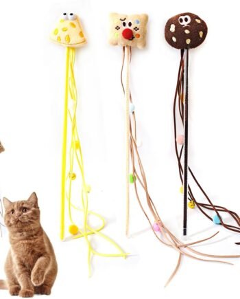 Cat Wands for Indoor, Interactive Teasing Stick Plush Cheese & Toast with Tassel Balls Cute Kitten Wand Safe Kitty Toy for All Breed Size