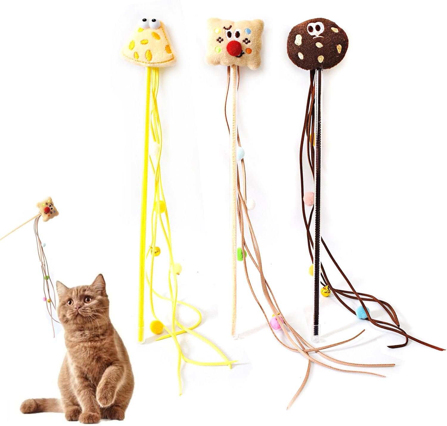 Cat Wands for Indoor, Interactive Teasing Stick Plush Cheese & Toast with Tassel Balls Cute Kitten Wand Safe Kitty Toy for All Breed Size