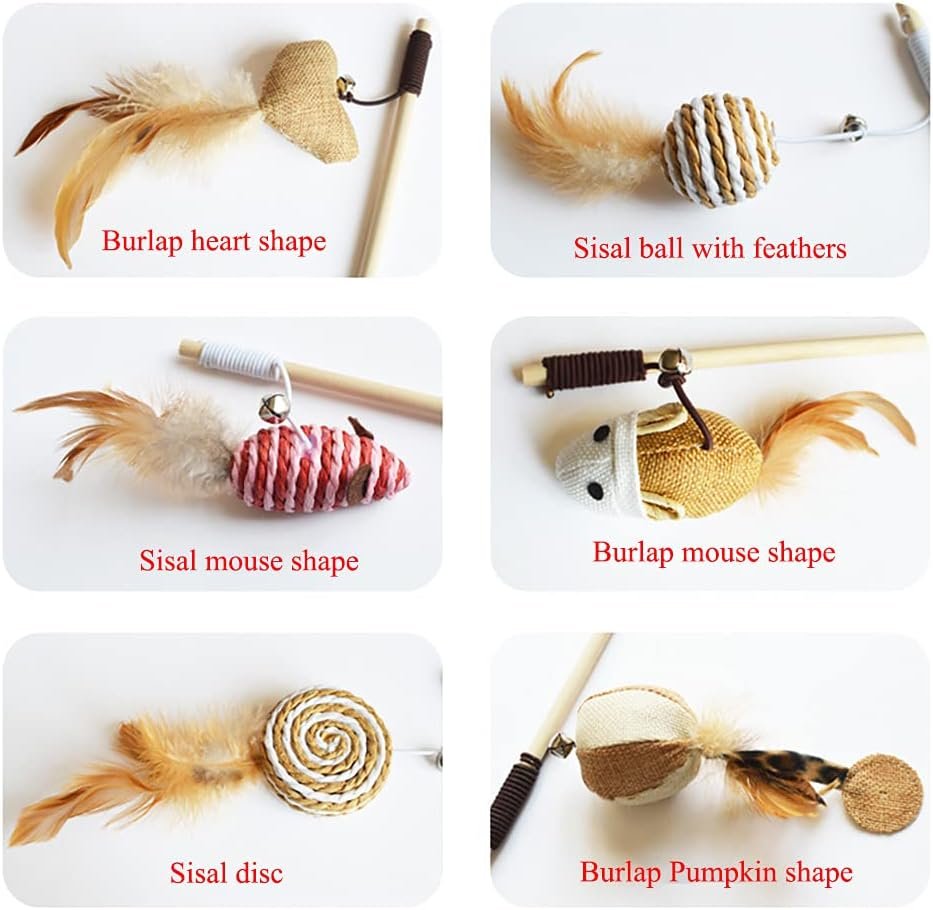 6pcs 40cm Feather Linen Wand Cat Catcher Teaser Stick Interactive Toys Wood Rod Mouse Toy with Mini Bell
