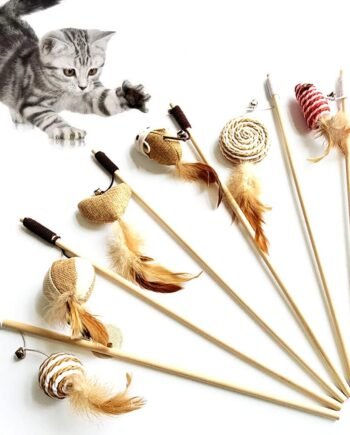 6pcs 40cm Feather Linen Wand Cat Catcher Teaser Stick Interactive Toys Wood Rod Mouse Toy with Mini Bell