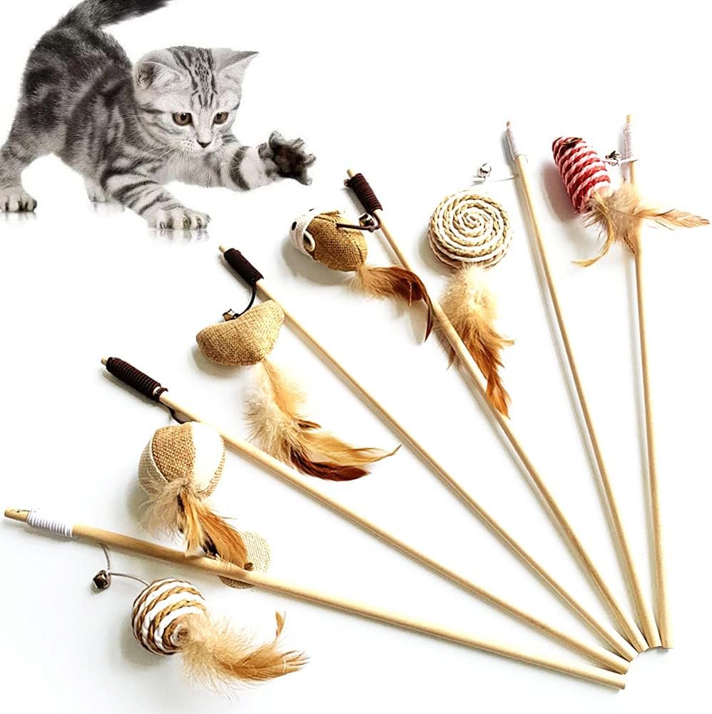 6pcs 40cm Feather Linen Wand Cat Catcher Teaser Stick Interactive Toys Wood Rod Mouse Toy with Mini Bell