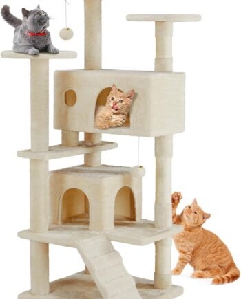 54-Inch Cat Tree Tower – Multi-Level with Sisal Scratching Post, Perfect Pet Gift, Indoor Condo with Climbing Ladder, Plush Toy, and More Animal Stuff, Beige
