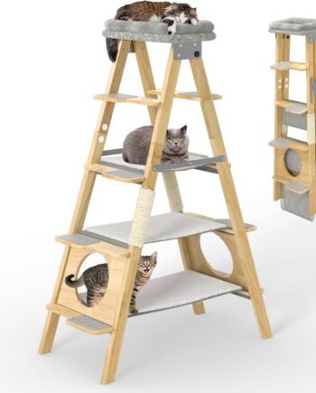 Modern Wood Cat Tree Foldable Ladder Design with Hammock & Sisal Scratch Post, Solid Wood Tall Tower for Large Cat Easy Clean 60" H