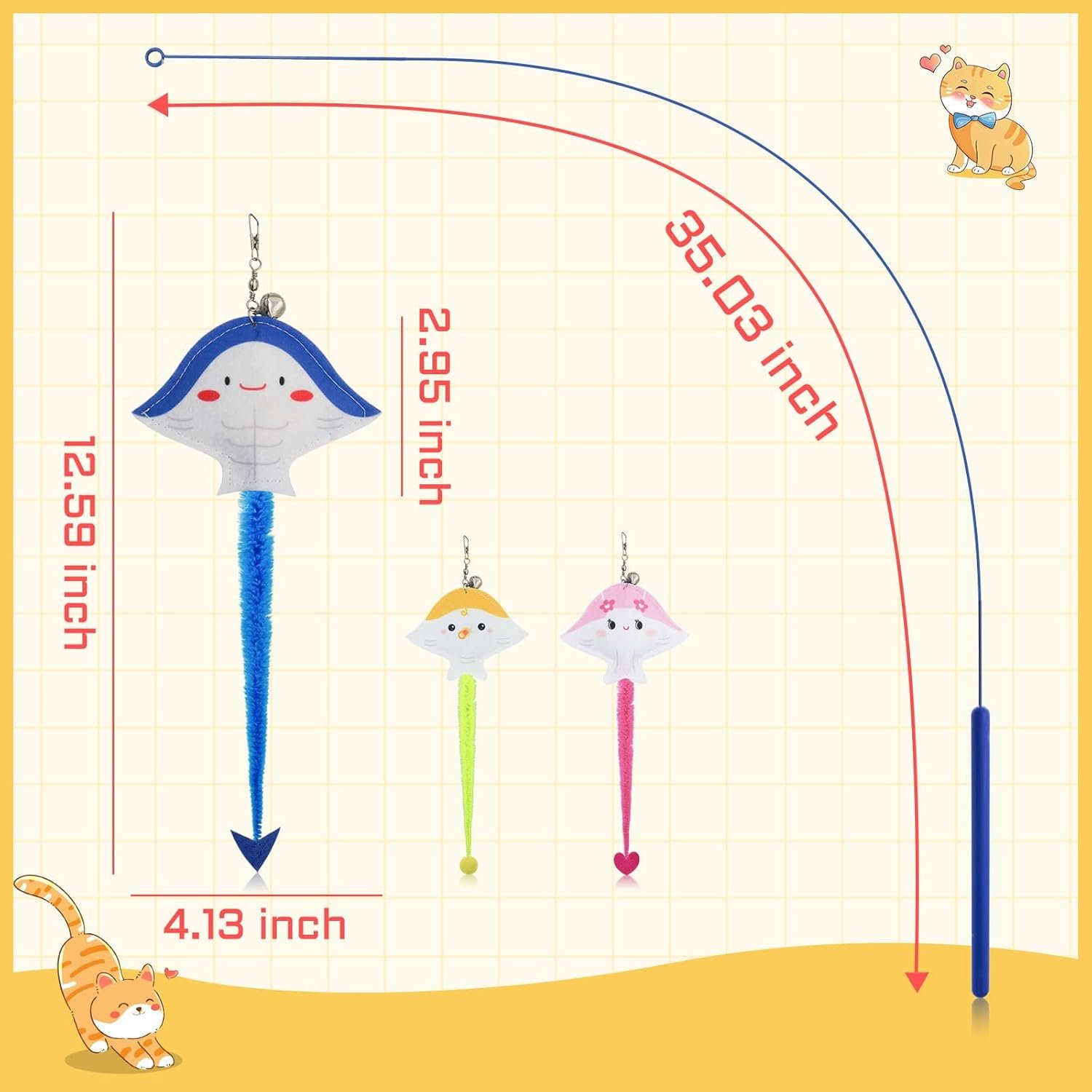 Cat Wand Toy, 35 in Long Flexible Stick with Cute Fish Shape Bell Wand Refill Cat Fishing Pole Toy Interactive Cat Toy for Indoor Cats Kittens to Pounce Chase Keep Fit (Pink)