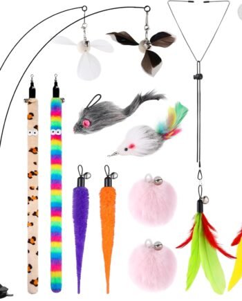 4-in-1 Interactive Cat Feather Toys,12Pcs Durable Fishing Pole Cats Feathers Toy Replacements,Enhanced Suction Cup Cats Wand Toy,2 Types Door Hanging Cat String Toys for Indoor Kitten