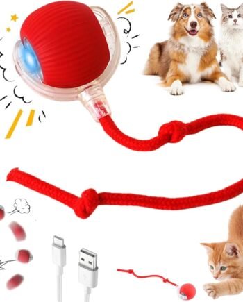 Interactive Electric Automatic Rolling Moving Rechargeable Self Play Stimulation Toy,Smart Pet Chase Ball with Speedy Tail Rope for Bored Indoor Cats Enrichment,stimulating Dogs Toy Small Dogs (Red)