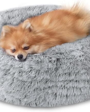 Small Dog & Cat Beds for Indoor Cats, Donut Cuddler Warming Soft Dog Beds with Anti-Slip Bottom, Round Calming Fluffy Plush Faux Fur Cushion Bed for Small Dogs (20", Smoke Grey)