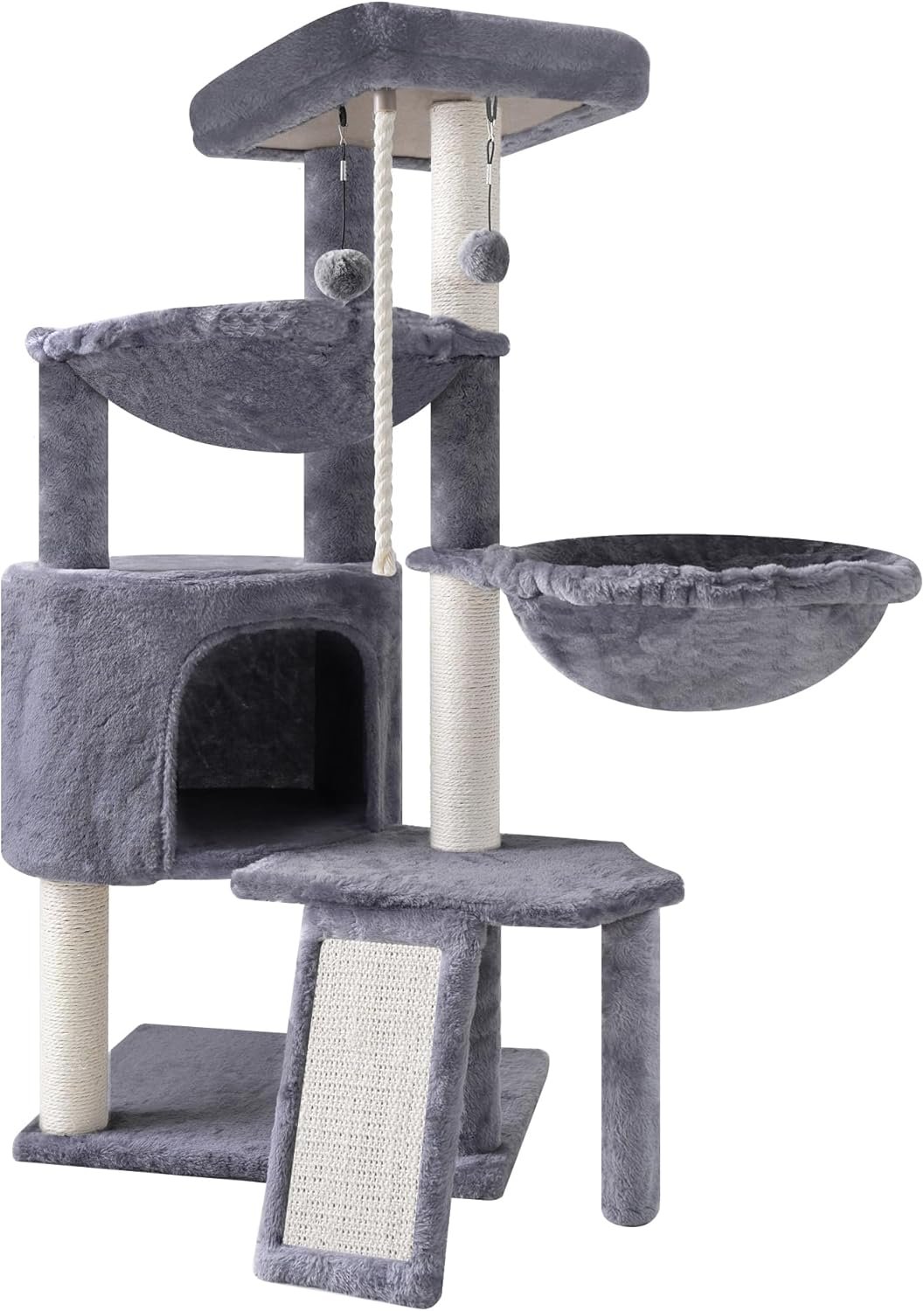 Three Layer Cat Tree with Cat Condo and Two Hammocks,Grey