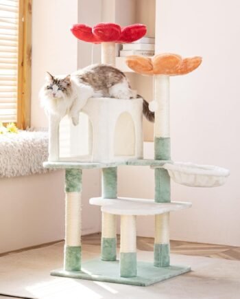 48 Inch Modern Cat Tree Tower with Hanging Basket & Flower Design - Multi-Level Cat Furniture with Plush Perches, Scratch Posts, Toy Balls - Stylish Indoor Playhouse for Cats & Kittens