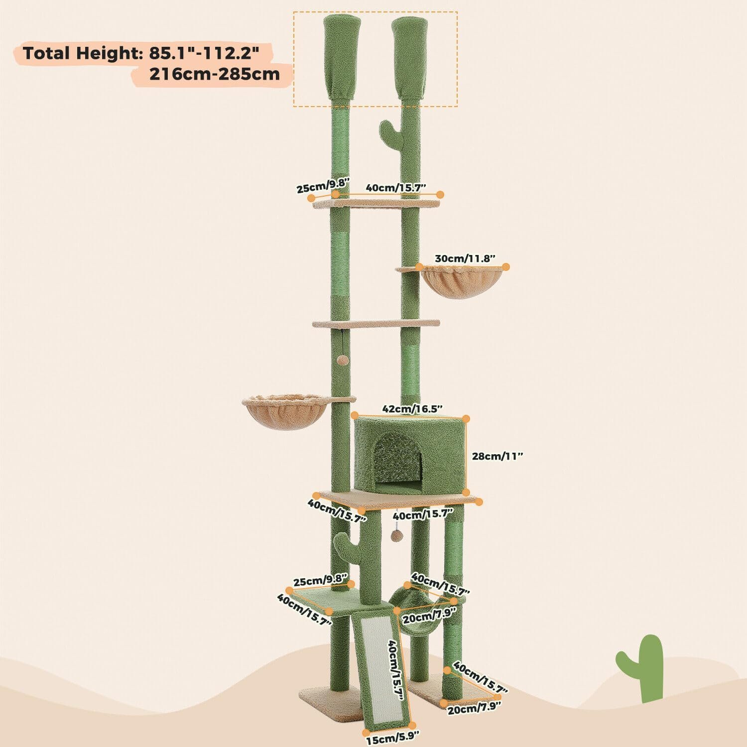 Cactus Cat Tree Floor to Ceiling Cat Tower with Adjustable Height(85-112 Inches), 7 Tiers Climbing Activity Center with Cozy Hammocks, 5 Platforms and Scratching Posts for Indoor Cats