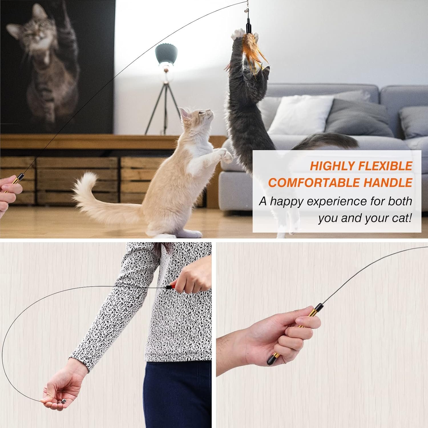 Feather Teaser Cat Toy - Interactive Wand with Extra Long 34.5" Wand and Small Bell, Fun Exerciser Playing Toy for Kittens or Cats, Brown Feather