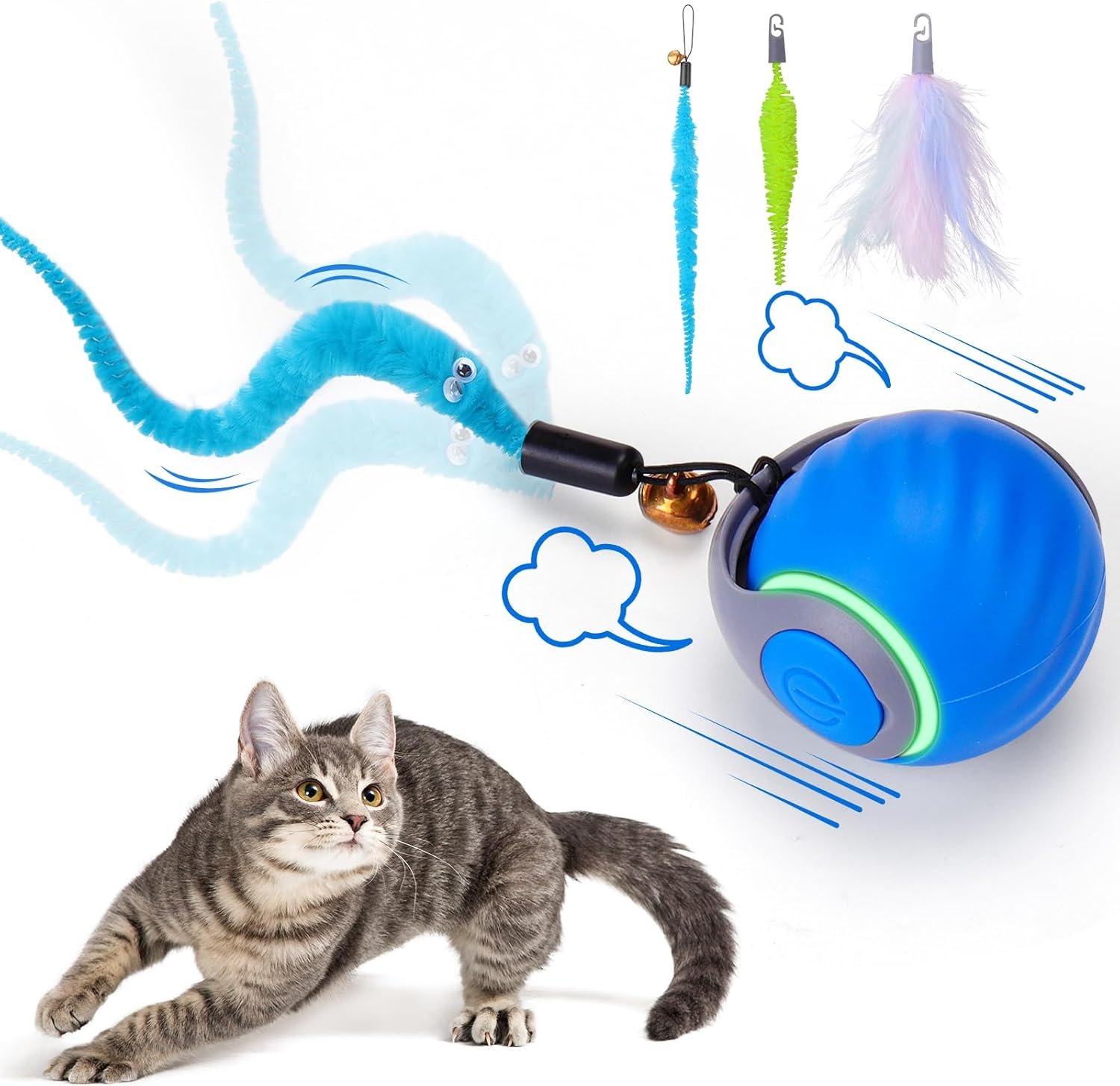 Interactive Cat Toy Ball - Automatic Interactive Cat Toys for Indoor Cats with 3 Tails, 2 Speeds Rechargeable Cat Enrichment Toys for Small/Medium/Large Cats to Keep Them Busy(Blue)
