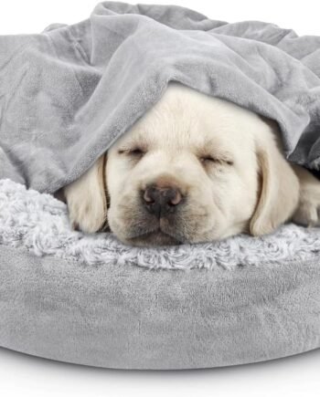 Small Dog Bed Cat Bed with Hooded Blanket, Cozy  Luxury Puppy Pet Bed, Donut Round Calming Anti-Anxiety Dog Burrow Cave Bed - Anti-Slip Bottom and Machine Washable 23 inch