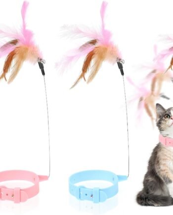 2Pcs Cat Collar Toy - Adjustable Feather Neck Collar With Silicone, Teasing Wand, Funny Stick, Interactive Self Playing Bell Toys for Indoor Cats and Small Animals (Blue, Pink)