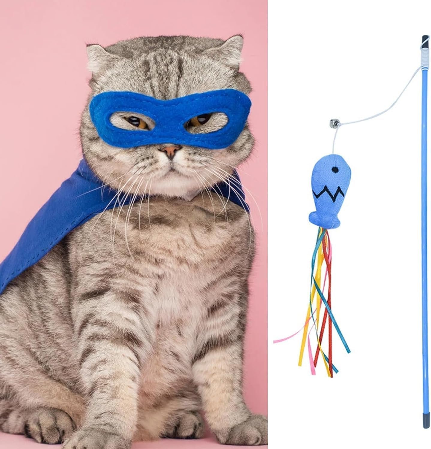 Blue Cat Wand Kitten Teaser Stick Portable Cat Teaser Fish Design Safe Colorful Balls Cats