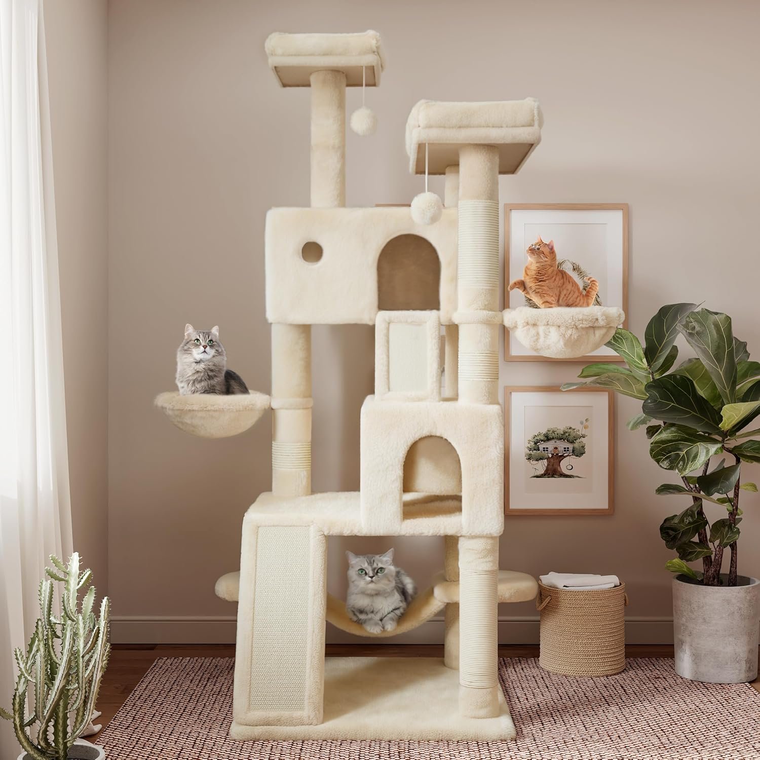 65in Larger Cat Tree Tower Condo for Indoor Kitties/Multi-Level Furniture Activity Center with Wide Base/Cozy Plush Cat Perches/Baskets/Sisal Scratching Posts and Hammock/Beige