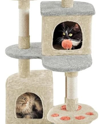 65in Cute Cat Tree, Cat Paw-Shaped Play Tower with Heart-Shaped Platform, Spring Ball & Hanging Ball, Double Condos, Scratching Posts, Cat Climbing Frame Bed Furniture for Indoor Cats