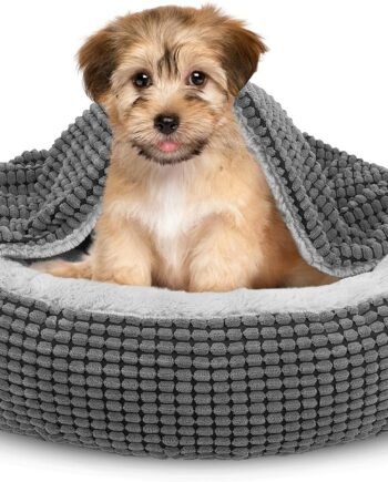 Small Dog Bed with Attached Blanket, Cozy Donut Cuddler Anti-Anxiety Hooded Pet Beds Calming Cave Bed. Orthopedic Round Puppy Beds for Dogs or Cats Washable, Anti-Slip Bottom, 23inch