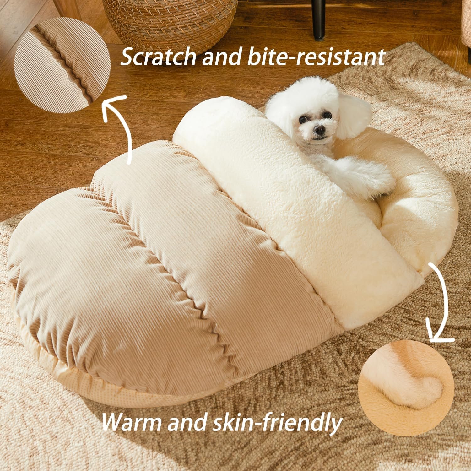 Bed for Dog and Cat, Pet Bed, Ultra Soft Cute Plush Slipper Cat Cave Bed, Anti Slip Warm Pet House Nest, Self-Warming, Ideal for Indoor Use - Fits up to 25lbs (30"X22", L, Light Brown)