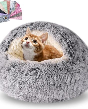 Calming Dog Beds & Cat Cave Bed with Hooded Cover,Removable Washable Round Beds for Small Medium Pets,Anti-Slip Faux Fur Fluffy Coved Bed,Comfortable Warming Pet Bed (20 * 20inch, Grey)